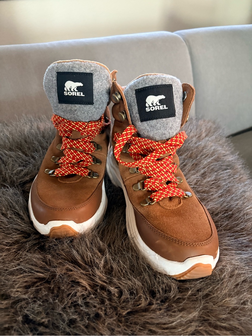 Sorel Women's Tan Leather Lace-Up Hiking Boots with Orange Rope Laces
